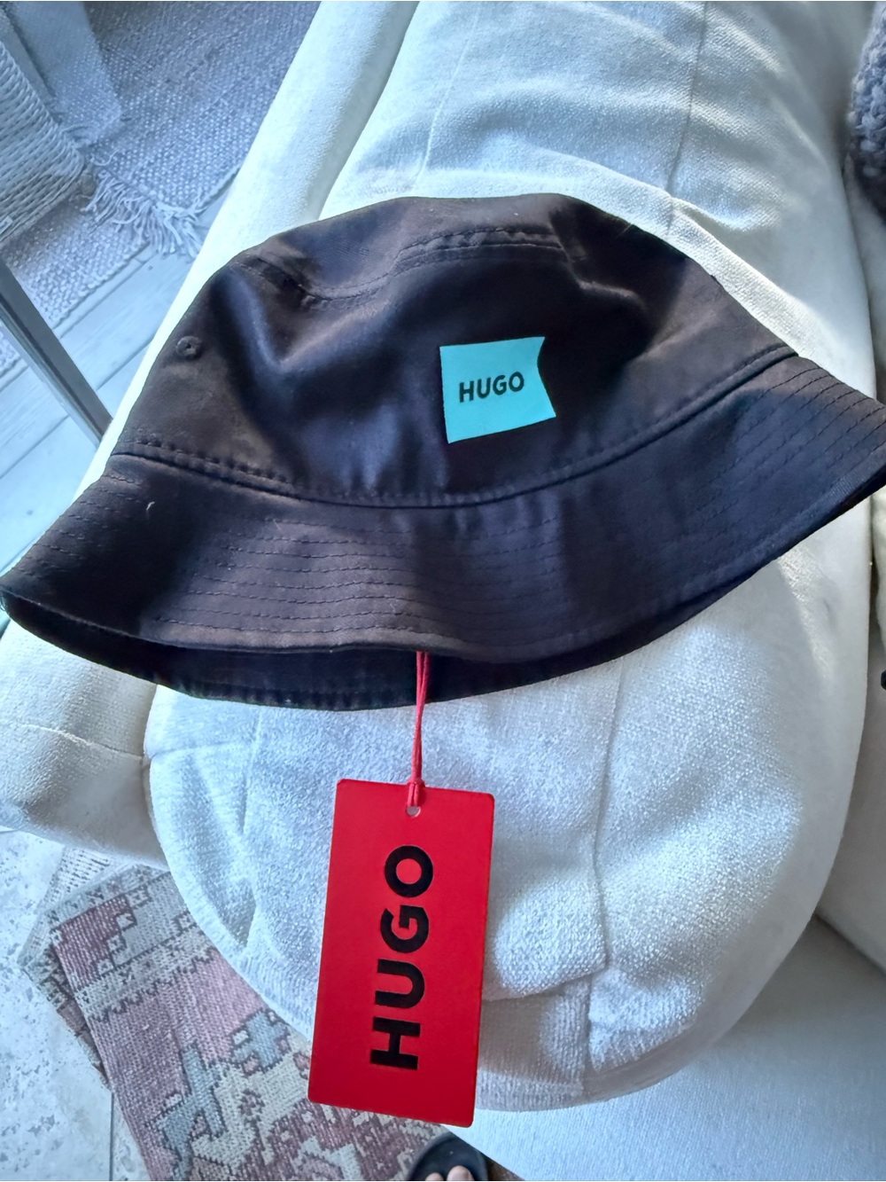 Hugo Boss Black Bucket Hat with Turquoise Logo and Red Tag